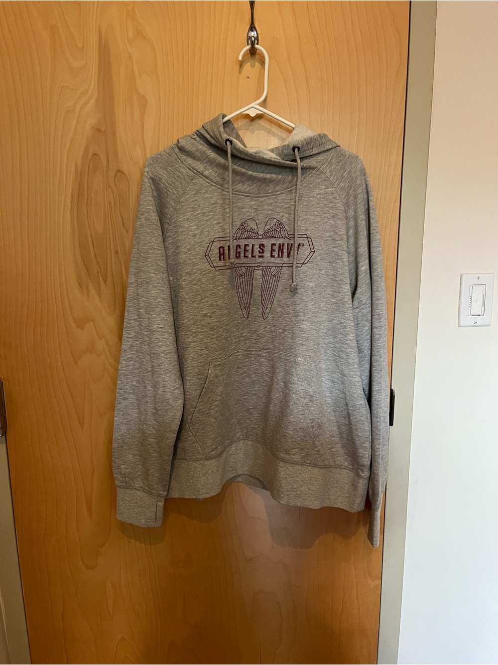 NWT Angels Envy Light Gray Hooded Pullover Sweatshirt with Maroon Graphic